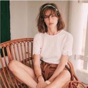 Sezane Cleo ecru top, shirt w/ scalloped sleeves, size L.